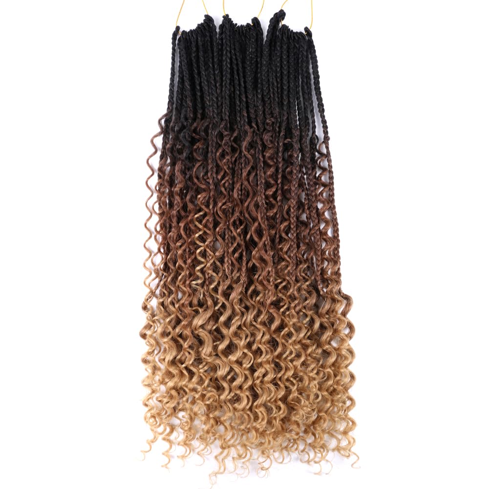 22 Inch Ombre Boho Box Braids Pre Looped Goddess Crochet Braids with Curly Ends 3 Packs Bohemian Braiding Hair Extensions for Women (Black-Brown-Light Brown)