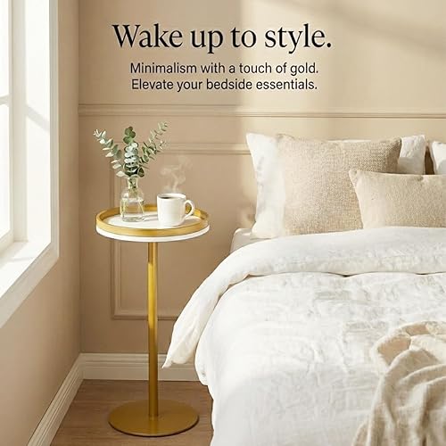 Miniatura 7 de Mesa Martini, pequeña mesa redonda para bebidas con base pesada, moderna mesa auxiliar de pedestal blanco y dorado con borde superior de bandeja