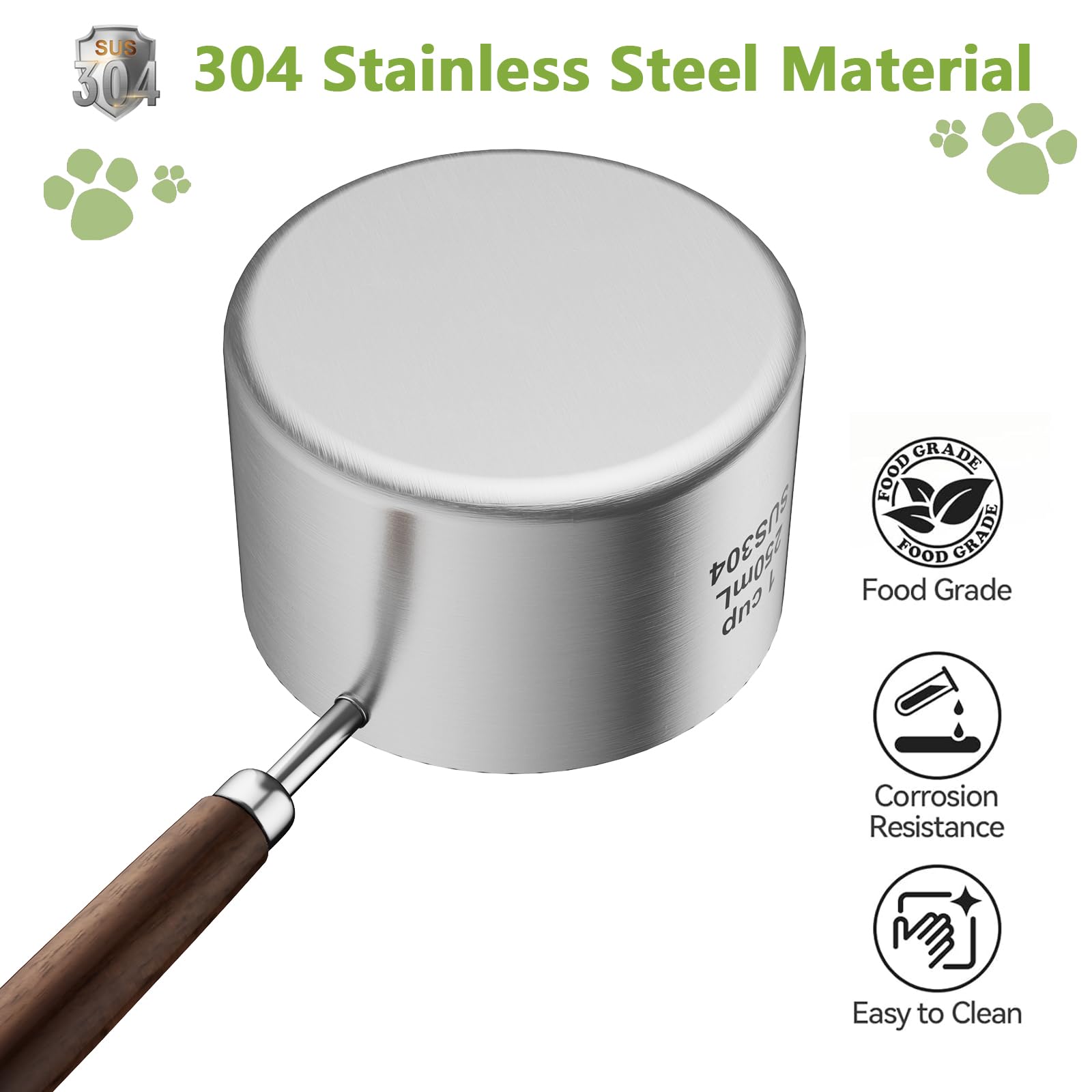 Cuchara de comida para perros y gatos, 1 taza, taza medidora de acero inoxidable 304 con mango largo de madera, cuchara duradera para perros, gatos, conejos, fácil de limpiar con marcas de
