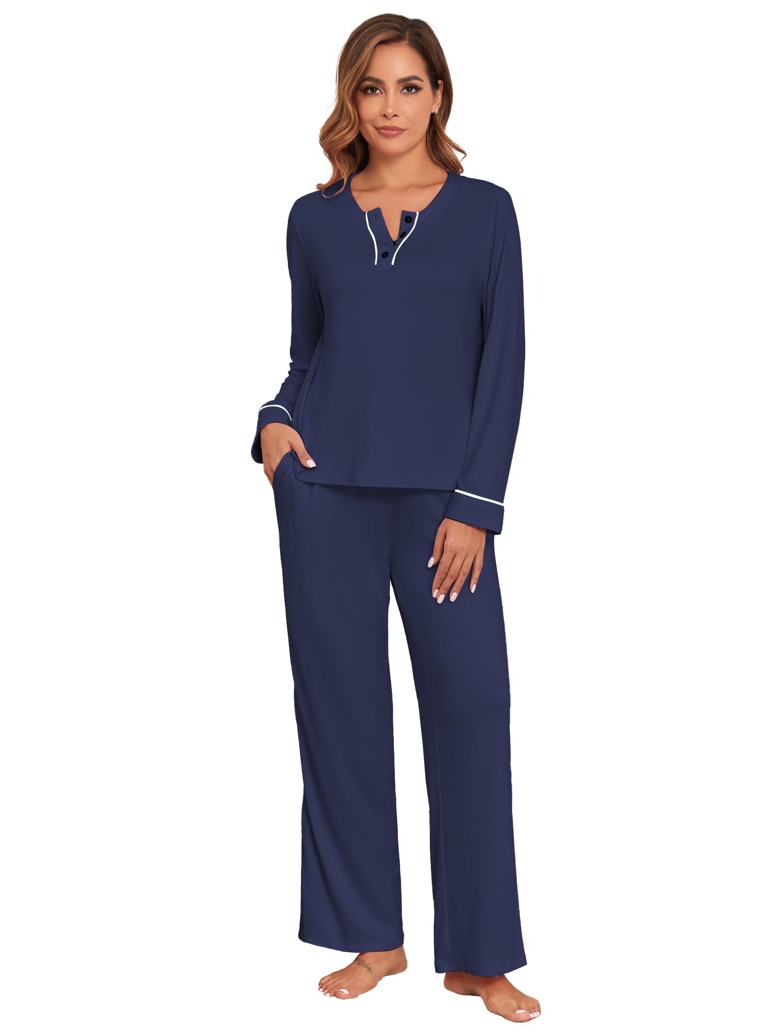 iChunhua Pajamas Set for Women Long Sleeve Henley Neck Comfy Pjs Solid Lounge Sets with Pockets