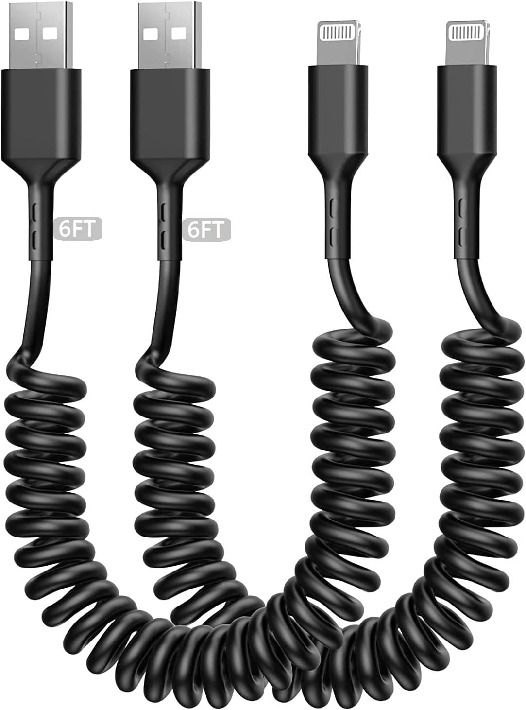 Coiled Lightning Cable for iPhone, 2 Pack [Apple MFi Certified] 6FT USB to Lightning Cord Coil iPhone Charger Cable for Car Compatible with iPhone 14 13 12 11 Pro Max XS XR X 8 7 6 iPad, Black