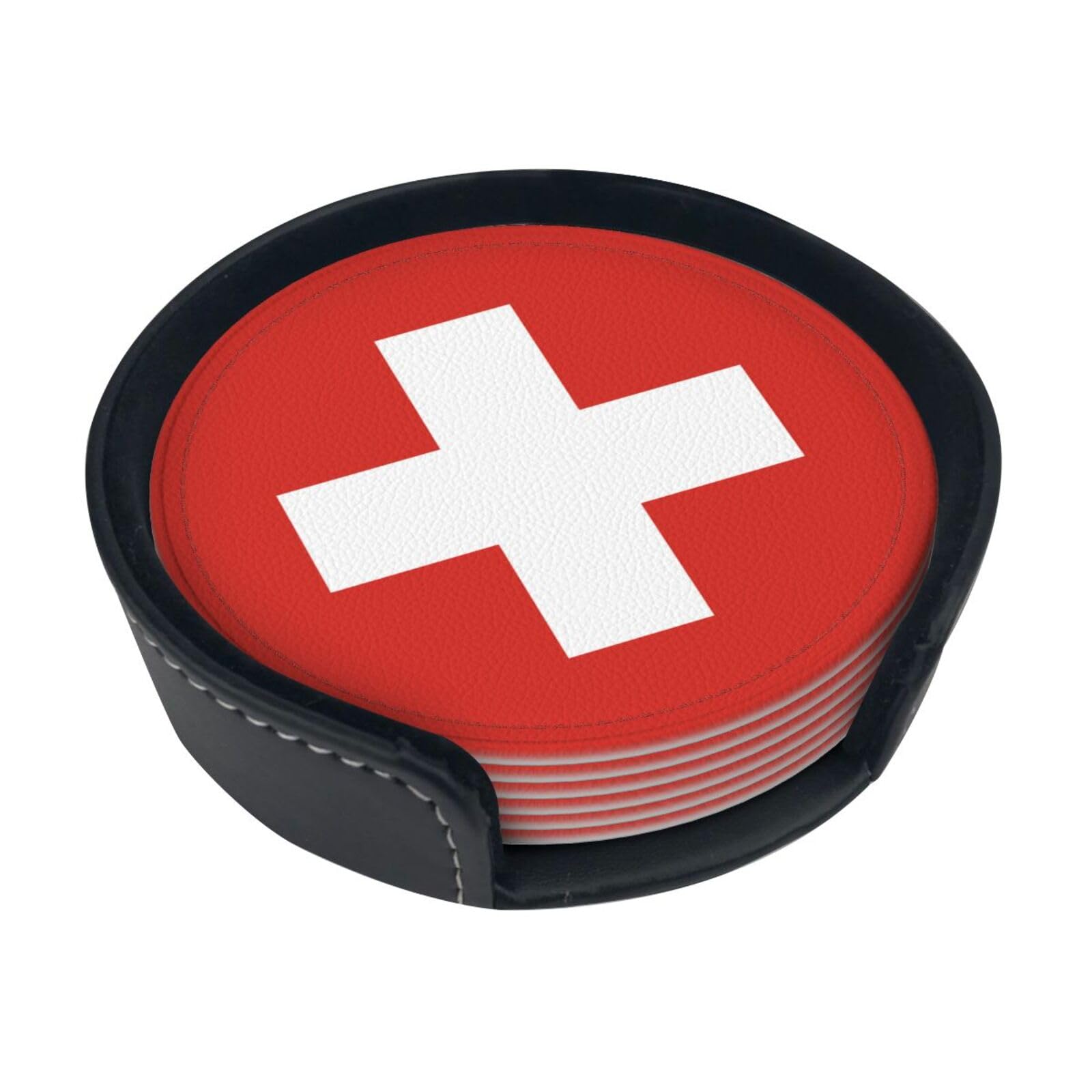 Cntdbu White Swiss Flag Leather Coasters Set Of 6-Pu Leather Drink Mats For Table, Heat Resistant Round Coasters With Holder