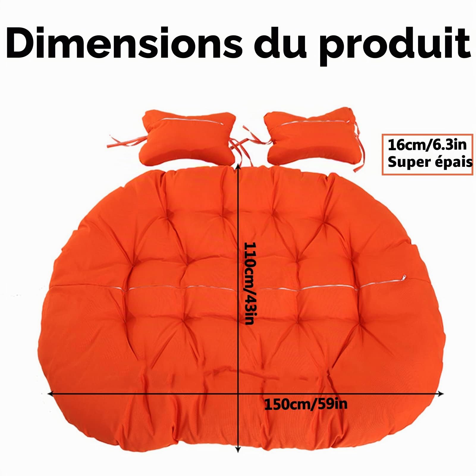 Coussin œuf Chaise longue à balançoire à Double suspension, coussin doux et profond, coussin de chaise pivotante d'extérieur 2 places avec attaches, entièrement remplissant, ne s'effondre pas(Cream)