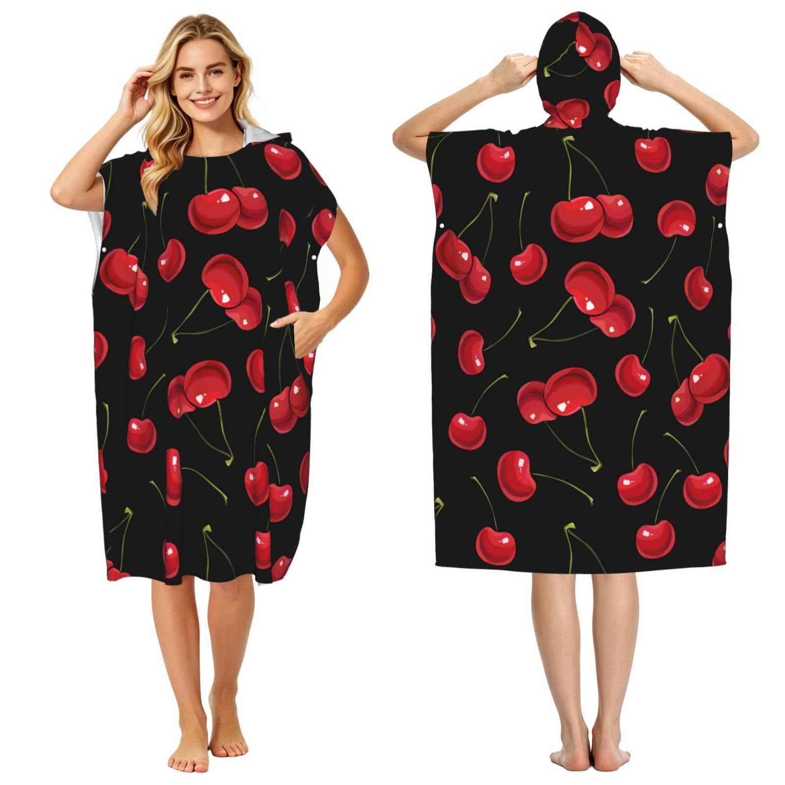 Poadnly Cherry, Adult Hooded Beach Towel 90 x 110 cm,Changing Bath Robe, Surf Poncho Towel For Women Men