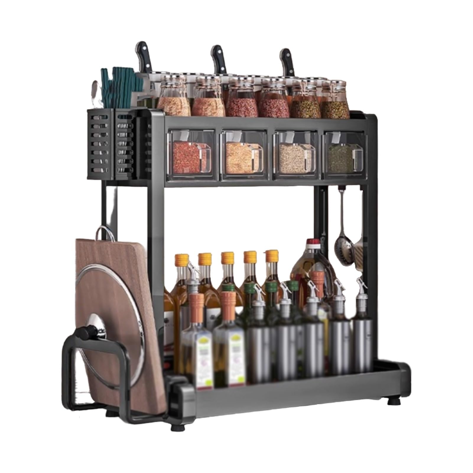GLETSF Double-Layer Spice Rack with Chopping Board & Pot Lid Holder - Space-Saving Kitchen in Carbon Steel, 44cm Independent Countertop Bracket,44cm-Color1