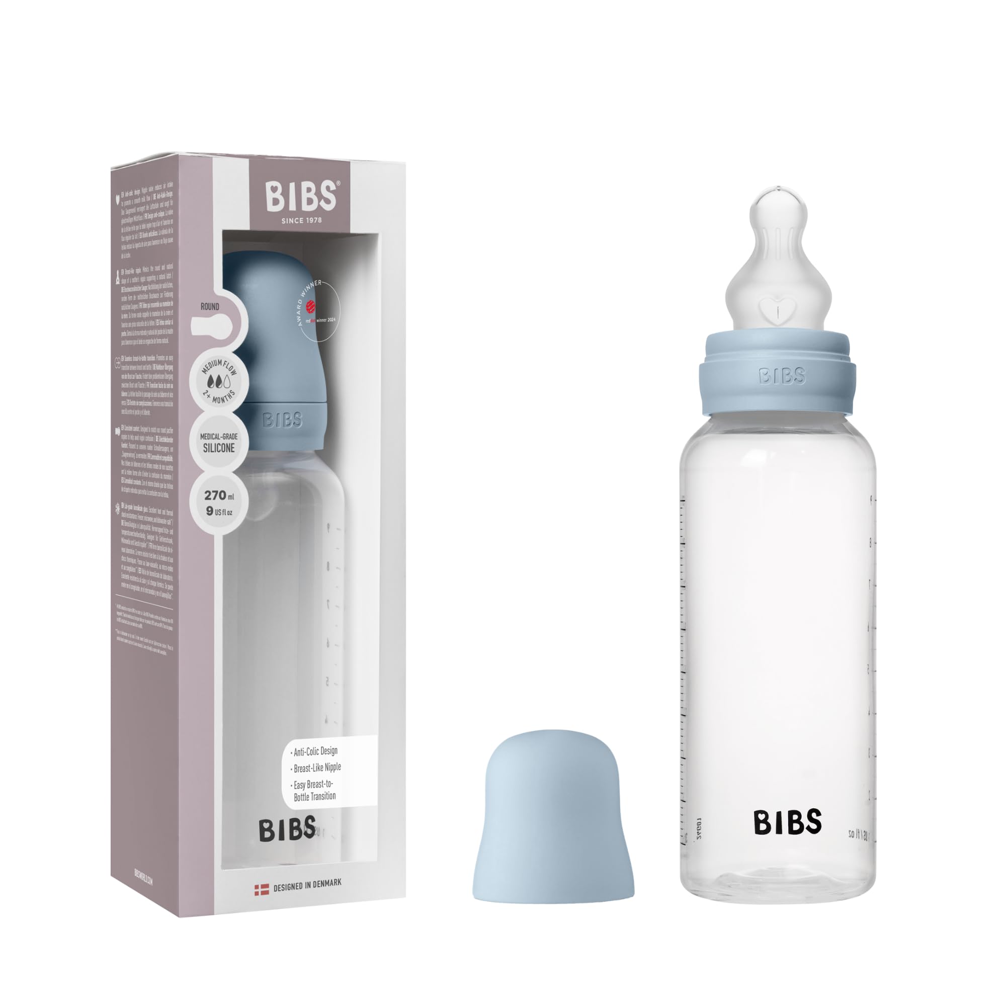 BIBS Baby Bottle 9 oz / 270 ml Silicone Nipple - Anti-Colic, BPA-Free, Round Nipple, Medium Flow, Lightweight & Easy to Clean, Suitable for Newborns 0