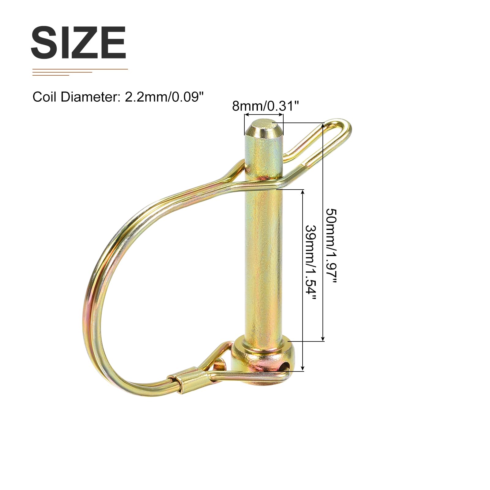DTGN 8mm x 50mm (DxL) Shaft Locking Pin - 3Pack - Good for Farm Trailers Lawn - Carbon Steel Round Trailer Coupler Pin W/Ear - Gold - Image 2