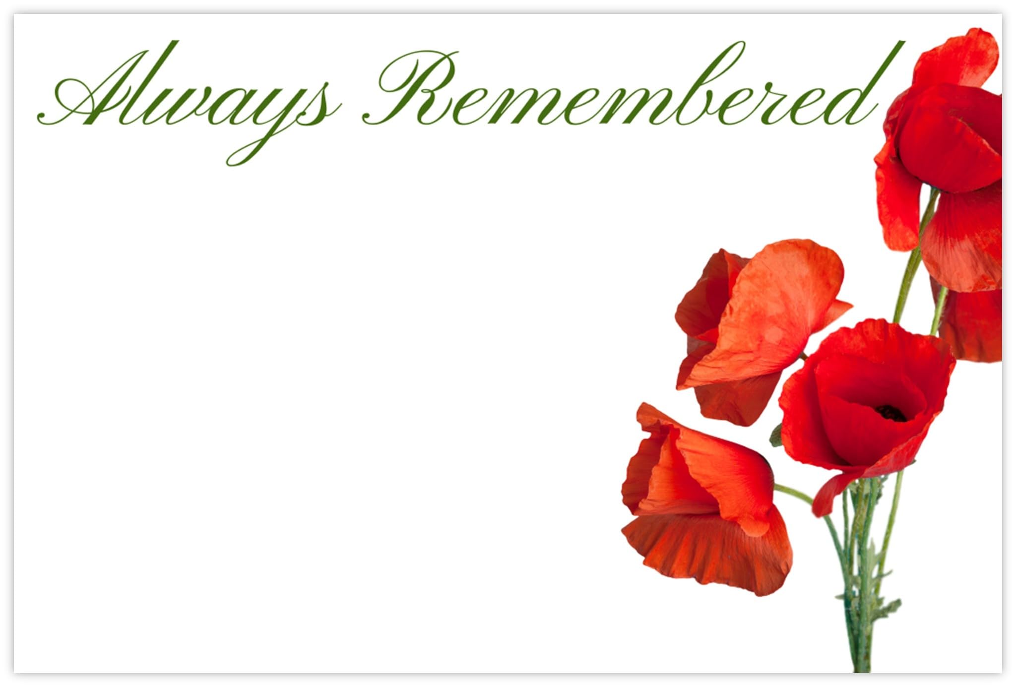 celloexpress Always Remembered (Red Poppies) Flower Message Cards - 60mm x 90mm - Bereavement Florist Card Sympathy Condolences Notes (Pack of 100)