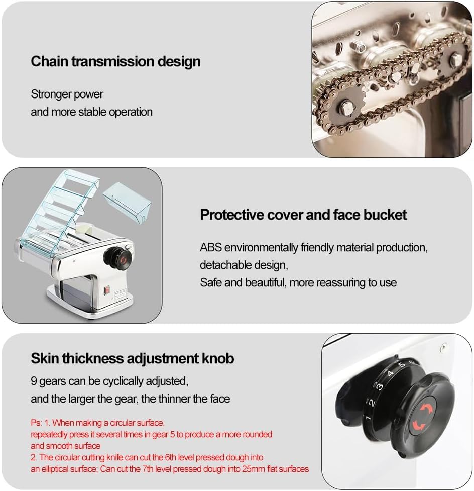 Machine à pâte électrique 135 W en acier inoxydable pour la fabrication de spaghettis et lasagnes avec 3 largeurs de lame (2,5 mm, 4 mm et 9 mm) et 9 épaisseurs de pâte variables (0,5
