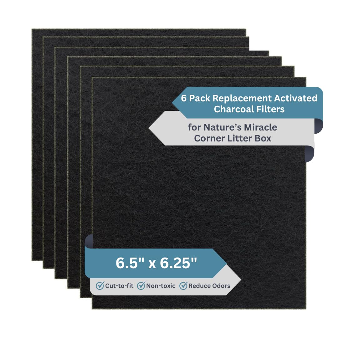 Replacement Litter Box Filters Compatible with Nature's Miracle Corner Cat Litter Box – Activated Charcoal Filters Eliminate up to 99% of Odors – 6.5 Inch x 6.25 Inch (6 Pack)