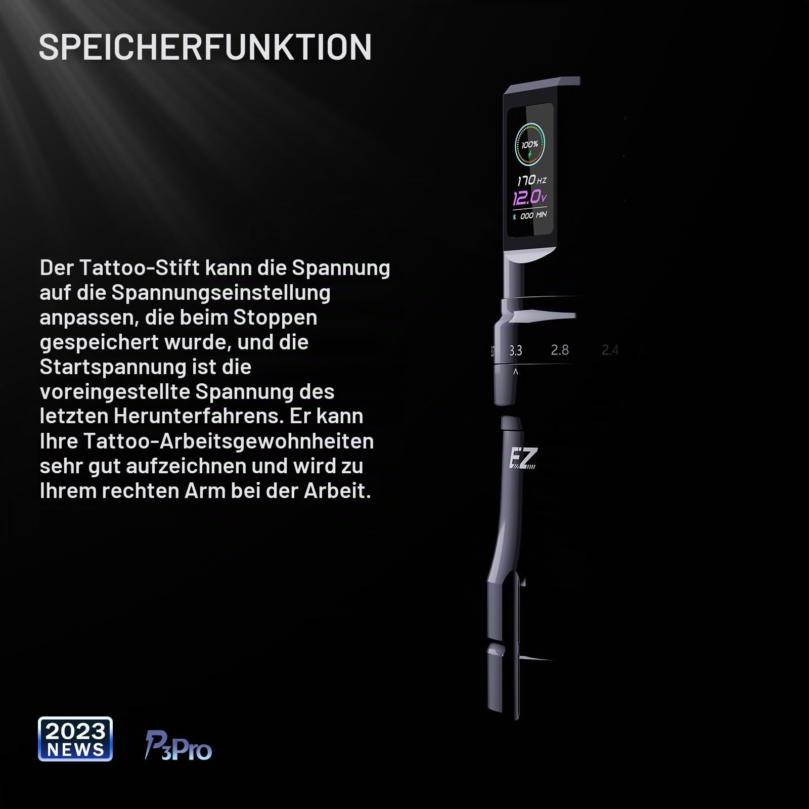 EZ P3 Pro Drahtlose Tattoo Maschine - 6 Anschläge 2.0, 2.4, 2.8, 3.3, 3.7, 4.2mm Bluetooth Tattoo Maschine mit OLED Digitalanzeige 1600mAh Akkuleistung (Mattes Schwarz)