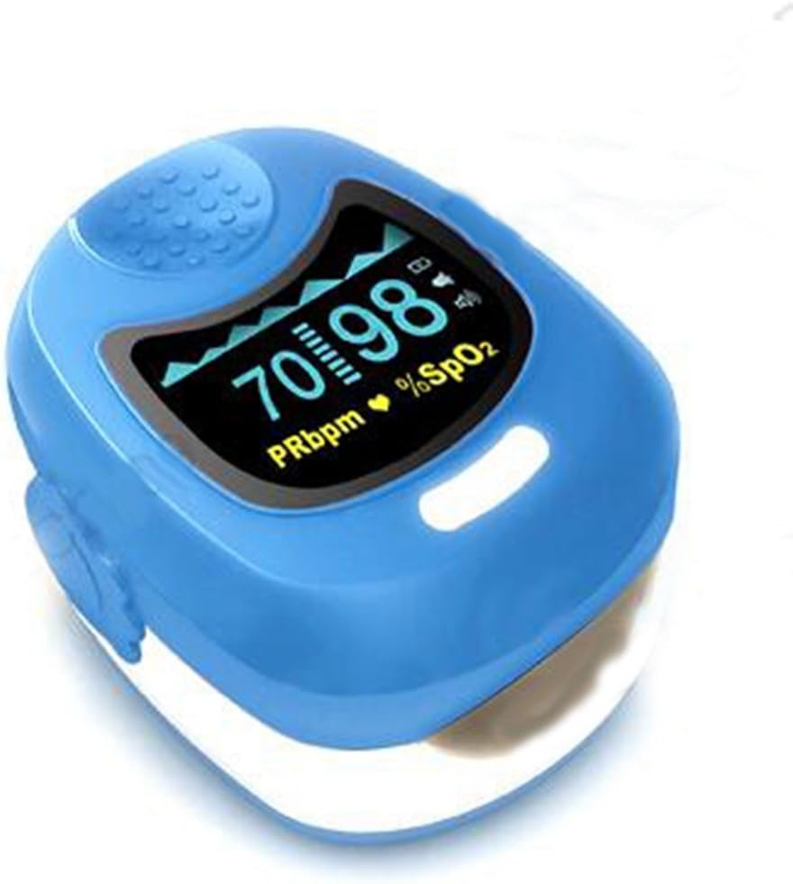 BLYL Blue OLED Kids Child Pediatric Fingertip Pulse Oximeter CMS50QB Rechargeable Blood Oxygen Saturation Monitor with Cute Cartoon Design