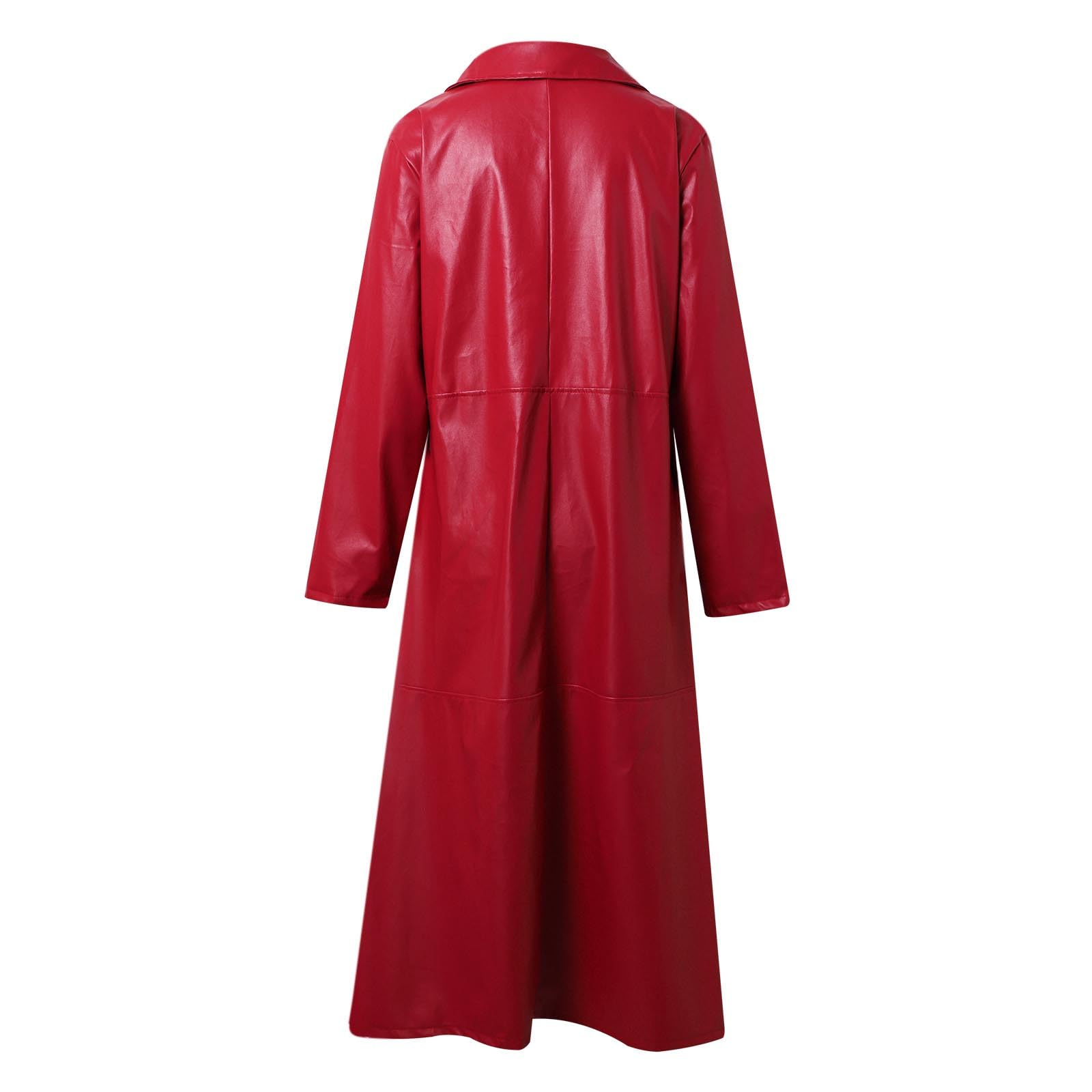 Generisch Trench en cuir synthétique pour femme - Coupe longue - Avec col à revers et fermeture à boutons - Élégante veste de moto pour un style décontracté