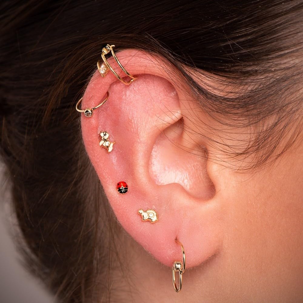 Piercing Oreja Pendiente Suelto en Oro de 18k con 3.5mm. forma de mariquita esmaltada color