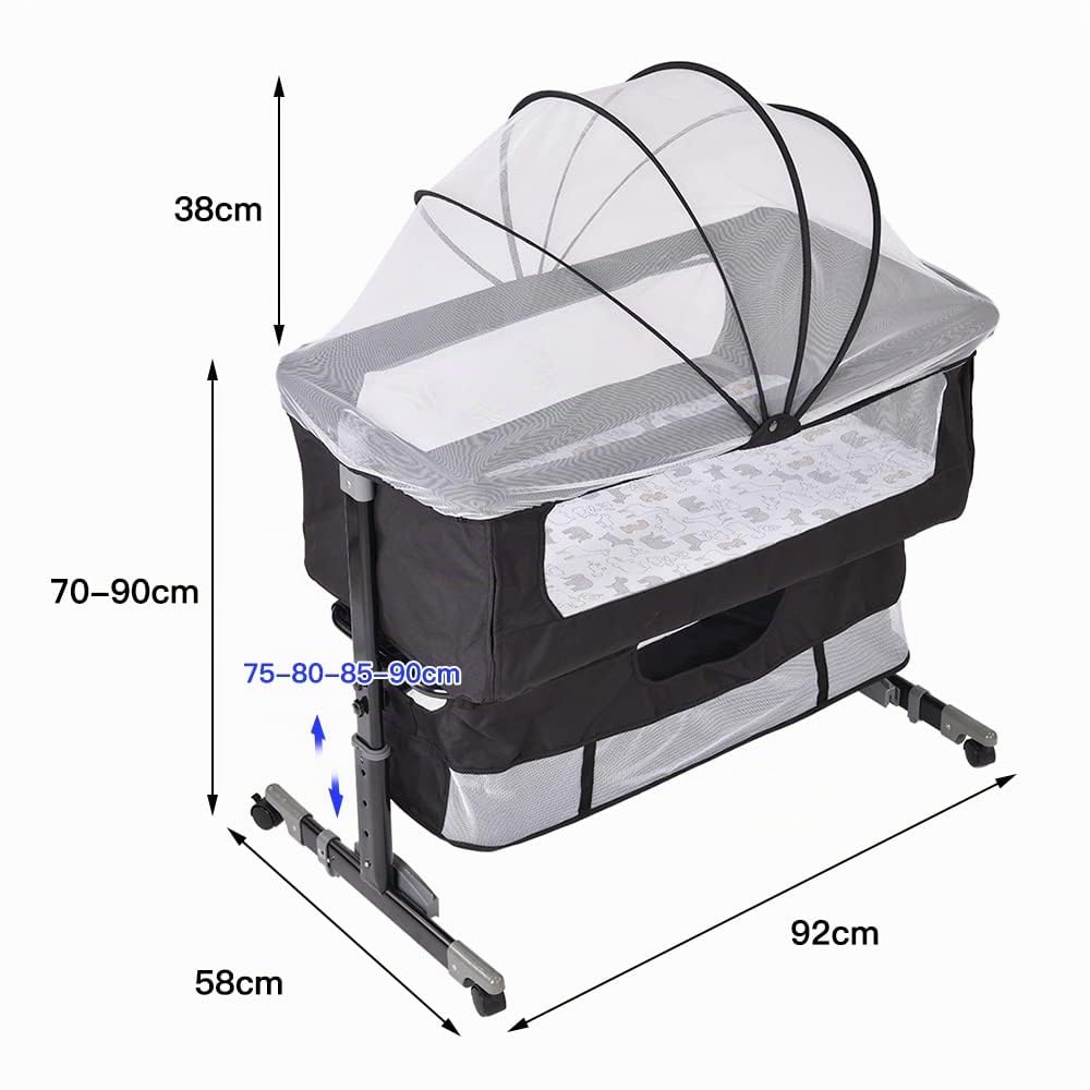 Cuna de Colecho para Bebé con Colchón, Función de Mecedora, Lateral Abatible, Altura Ajustable, Panel de Malla, Ruedas y Bolsa de Viaje 0-6 Meses (92 * 58 * 70-90cm)