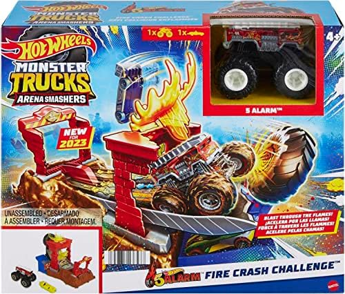 Hot Wheels Monster Trucks Arena Smashers 5 Alarm Ognista demolka Podstawowe wyzwanie Zestaw z 1 pojazdem 5-Alarm i 1 autkiem do zgniecenia HNB90