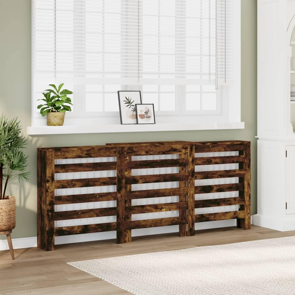 Mangloder Heizkörperverkleidung Räuchereiche aus Holzwerkstoff 205 x 21,5 x 83,5 cm mit horizontalen Latten, Wandhalterung, moderne Heizkörper Abdeckung für Wohnzimmer, Ablage und Dekoration