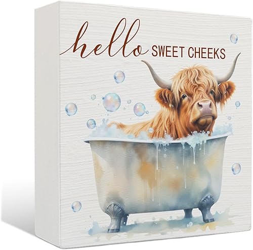 Miniatura 29 de Decoración de Baño de Vaca Highland - Hello Sweet Cheeks Decoración de Baño, Letrero de Madera Rústico del Oeste de Vaca Highland, 5 X 5 Pulgadas