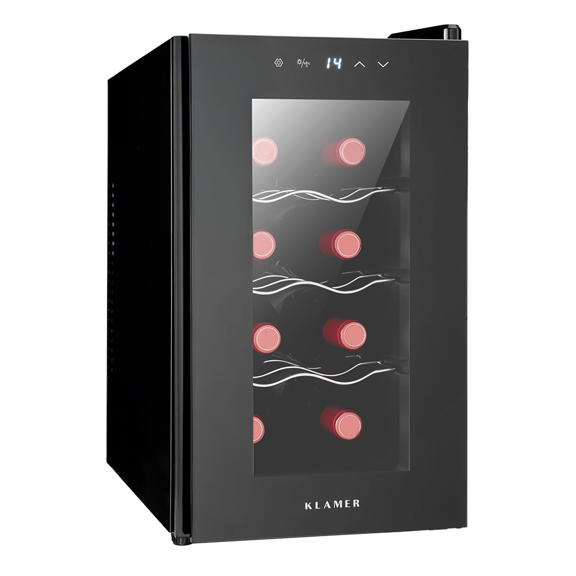 KLAMER Weinkühlschrank 8 Flaschen, Mini Kühlschrank 21 L, 5–18°C Präzisionskühlung, Thermoelektrisch, UV-Schutz Glastür, Touch Display, Weinkühler leise 35 dB - 1