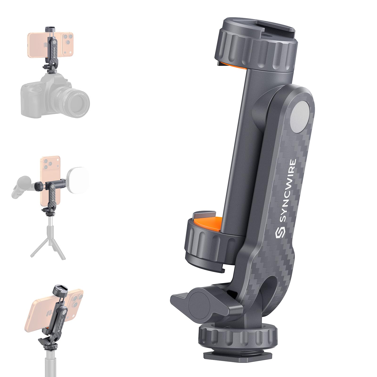 SYNCWIRE Tripod Phone Mount, Universal Smartphone Mount Adapter with 2 Cold Shoe and 1/4" Screw, 360° Rotates and 180° Tilts Adjustable Cell Phone Clamp Holder for Enhancing Mobile Photography Setup