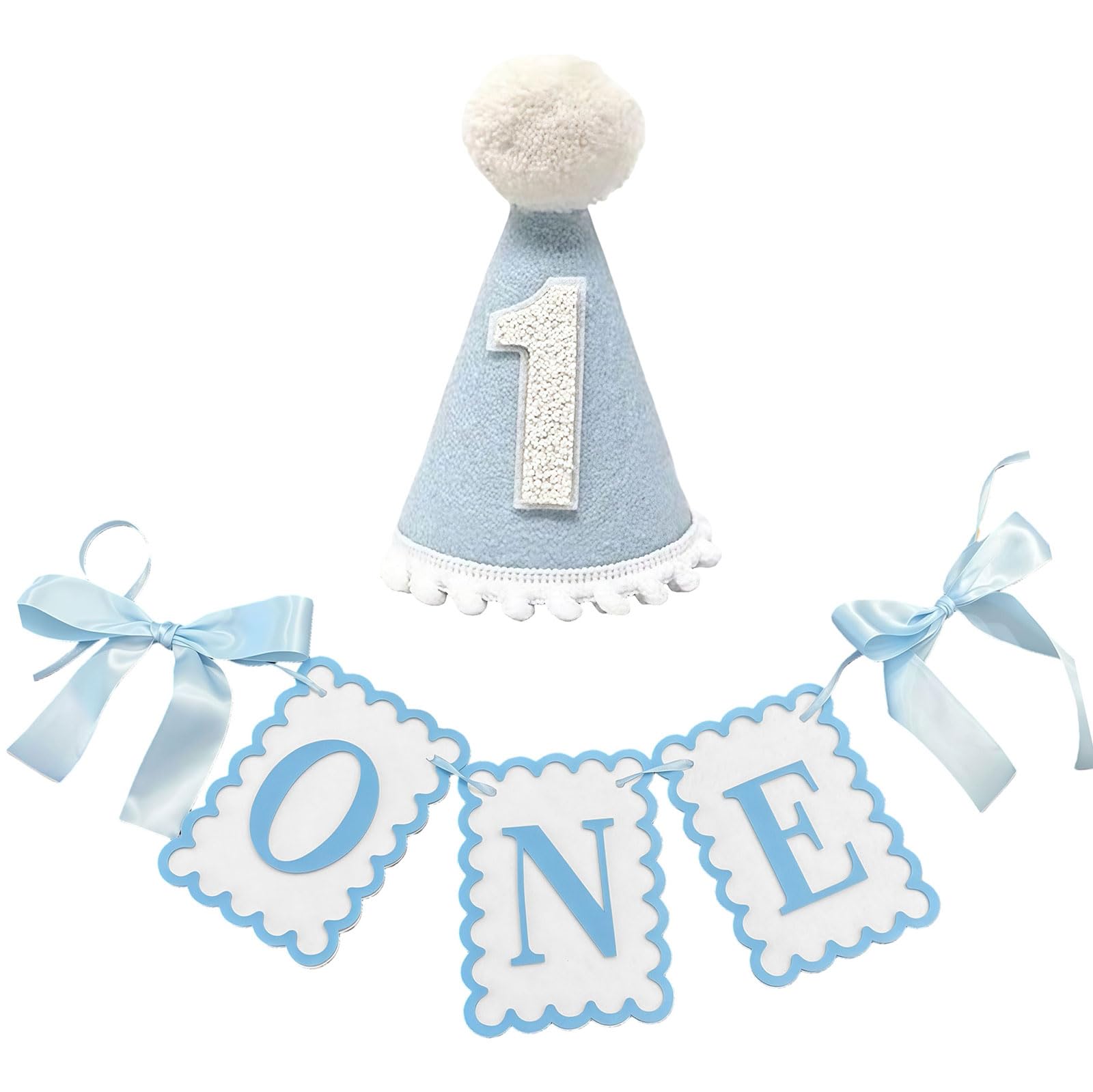 CharmeFleur Baby Boy 1st Birthday Blue Decorations - Scalloped One Banner & Felt Pom Pom Hat Set, Dusty Blue First Year Party Supplies, Highchair Garland for Cake Smash