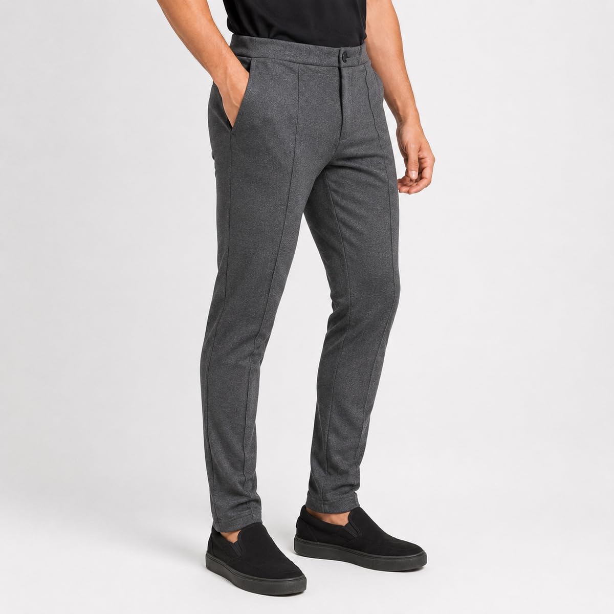 Kit 2 Calças Alfaiataria Masculina Skinny Social Bolsos Funcionais Moletinho Hibrido Botão Frontal Decorativo Poliéster Macio