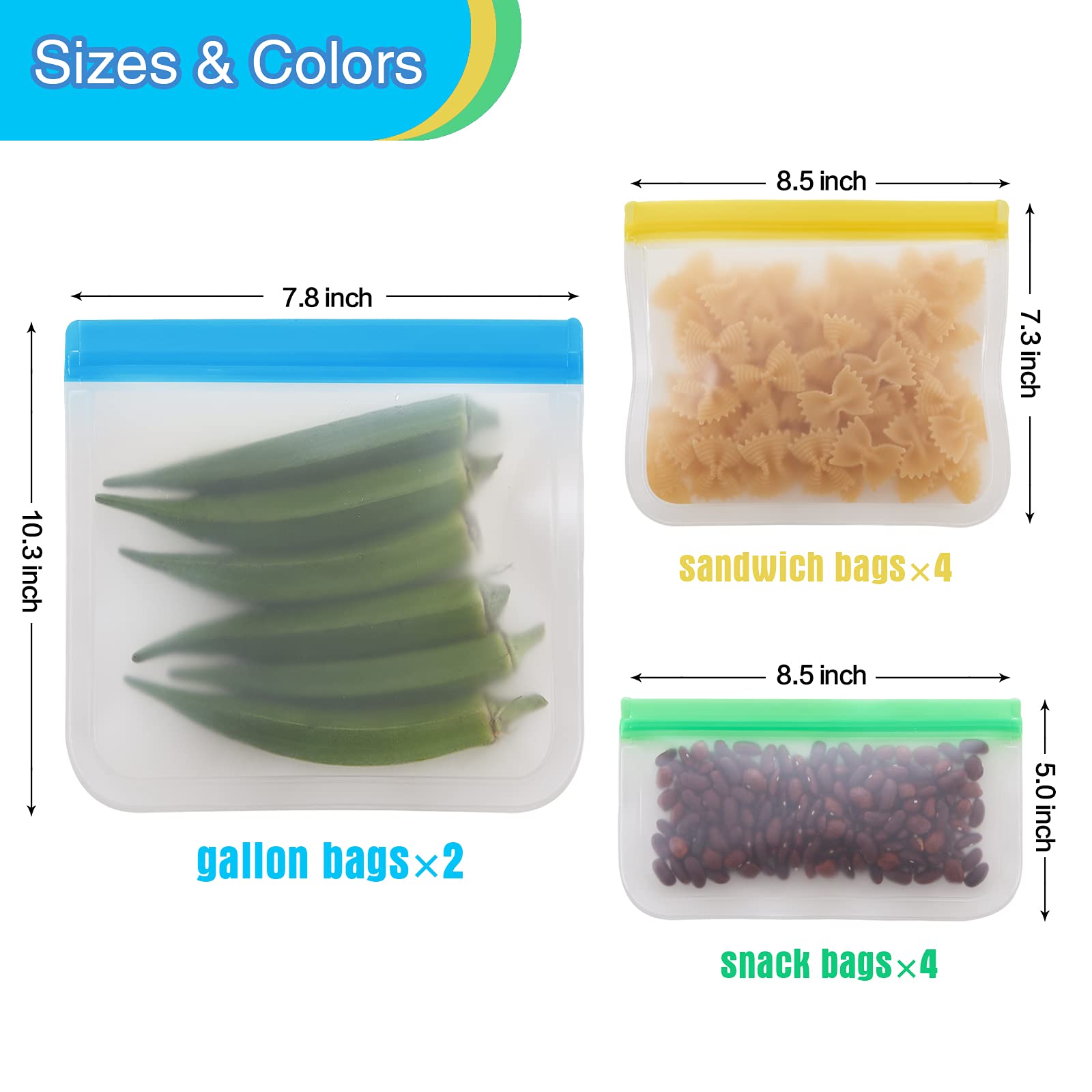 Sacchetti riutilizzabili per congelatore, 10 sacchetti in silicone per alimenti, senza BPA, extra spessi, a prova di perdite, riutilizzabili, con doppia cerniera e guarnizione, per carne (sacchetti da