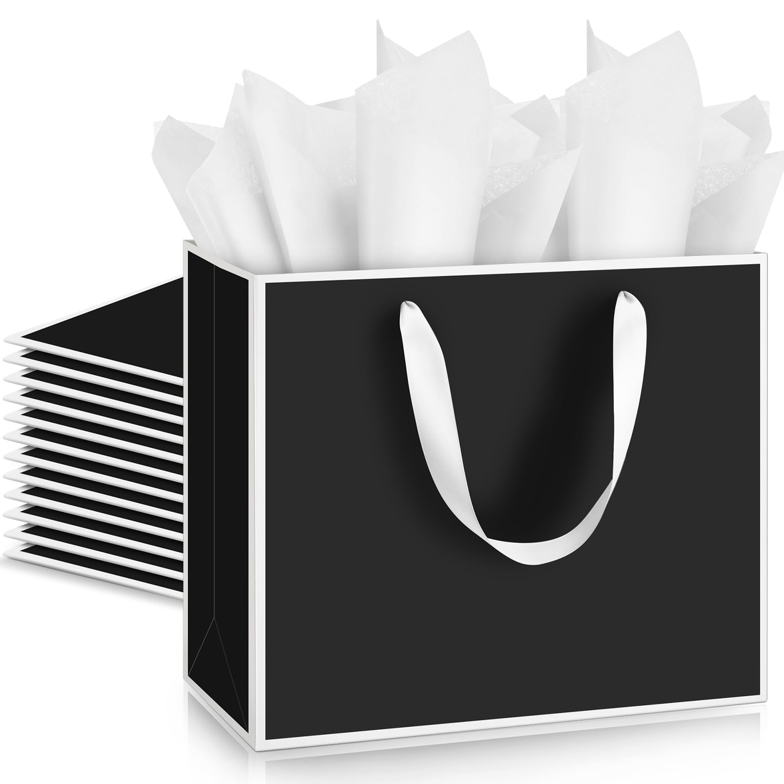 ReliThick 12 Pack 12 Pack Metallic Paper Gift Bag with Handles and Tissue Paper 11.8 x 10 x 4'' Thank You Favor Bag for Christmas Thanksgiving Wedding Bridesmaid 5 Senses Gifts (Black,White)