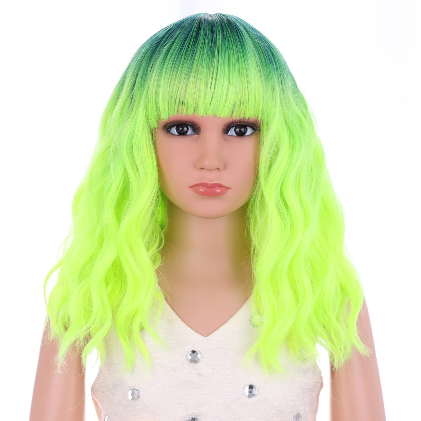 DUDUWIG Girls Ombre Green Wig Kids Short Lime Green Wavy Curly Wigs Neon  Green Wig with Air Bangs for Child Synthetic Cosplay Hair Wig