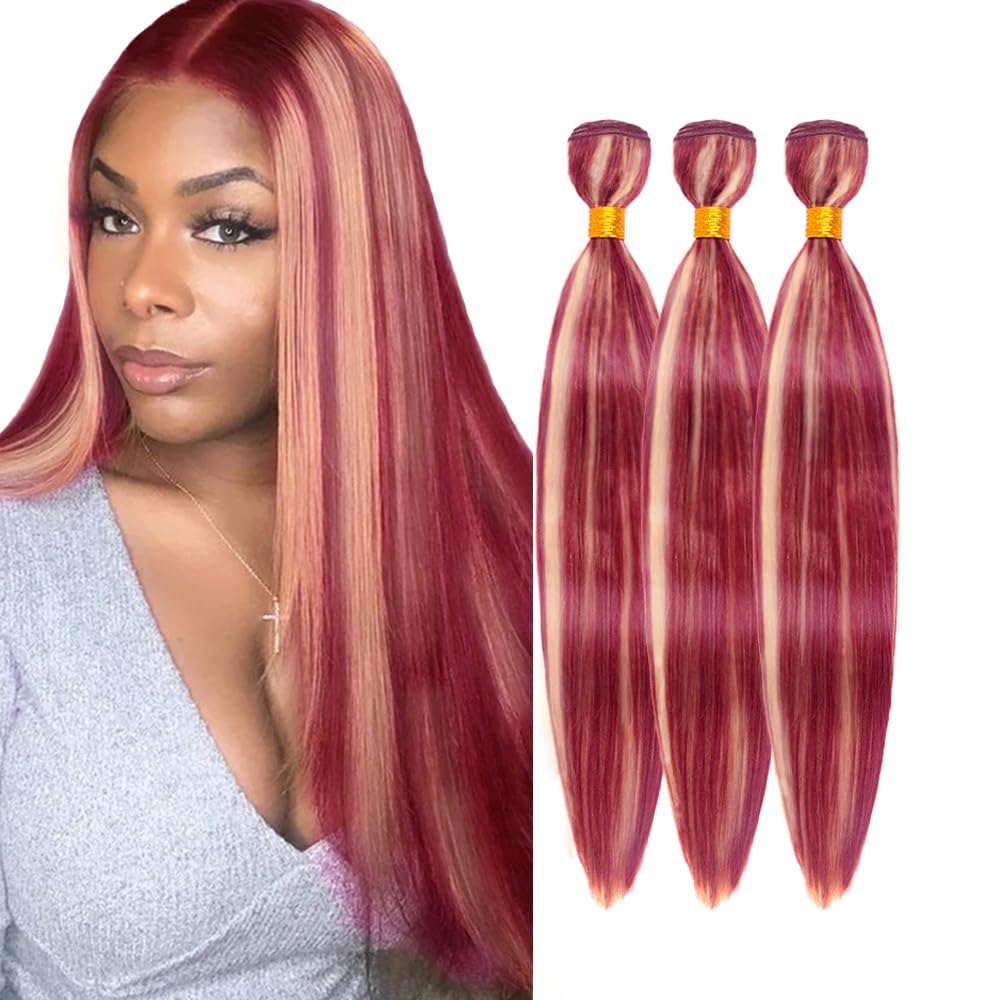 Photo 1 of Burgundy Bundles Human Hair Highlight Straight Bundle Unprocessed Virgin Same Length 18 20 22 Inch 2 Tone Blonde Mixed With 99J Red Bundles Hair Extensions