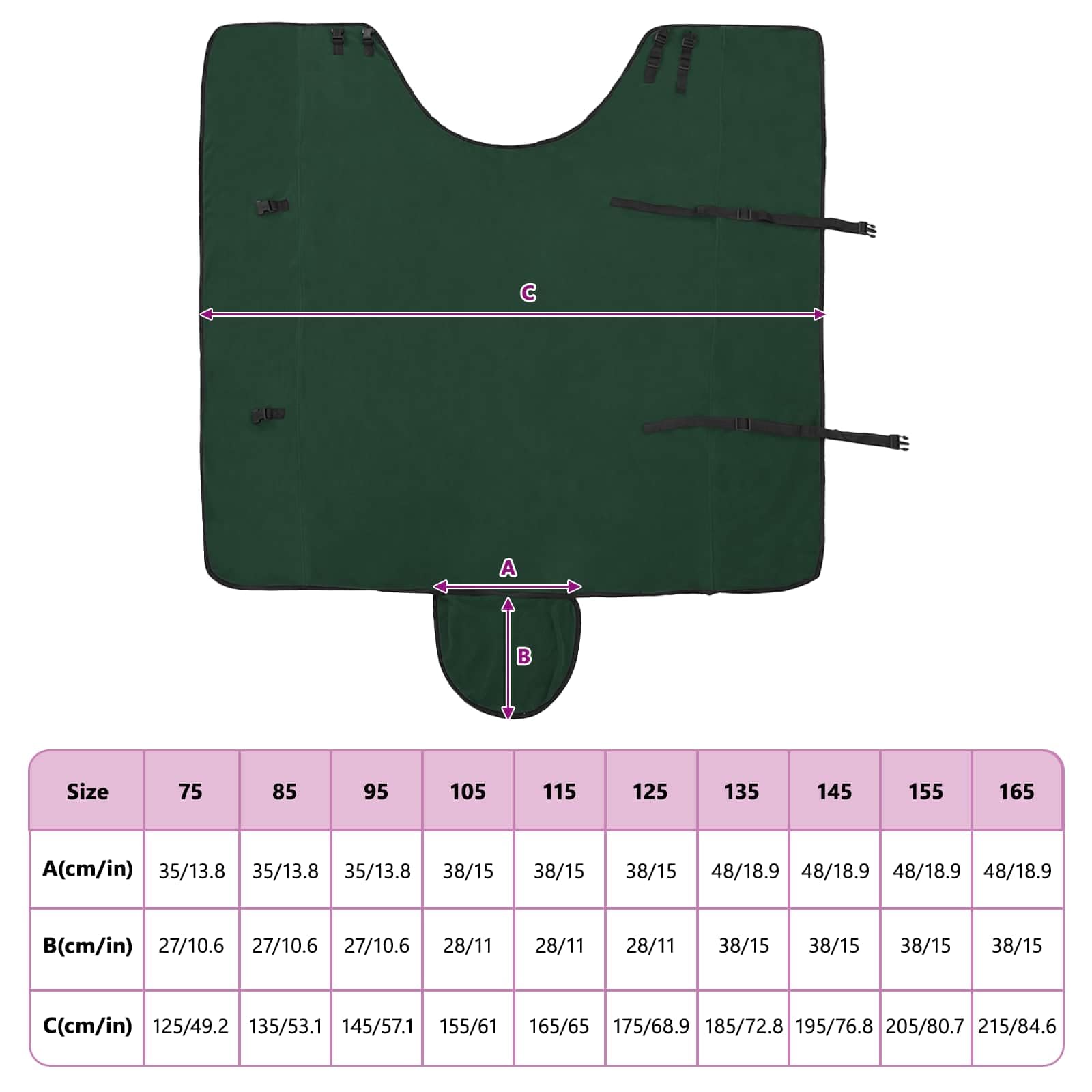 Manta para caballo verde oscuro de 125 cm de poliéster con forro transpirable, impermeable, con cinturón abdominal y cierre de pecho para establo, pasto y transporte