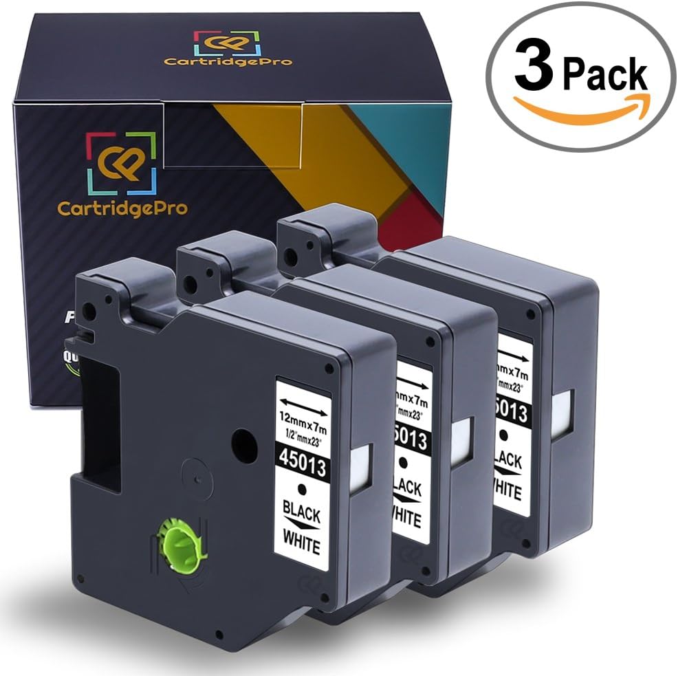 3-Pack 45013 Compatible for DYMO D1 Label Tape 12mm x 7m Black on White Standard Labels Replacement for DYMO LabelManager 160, 210D, 420P, 500TS, Wireless Plug N Play - 1/2 Inch x 23 Feet