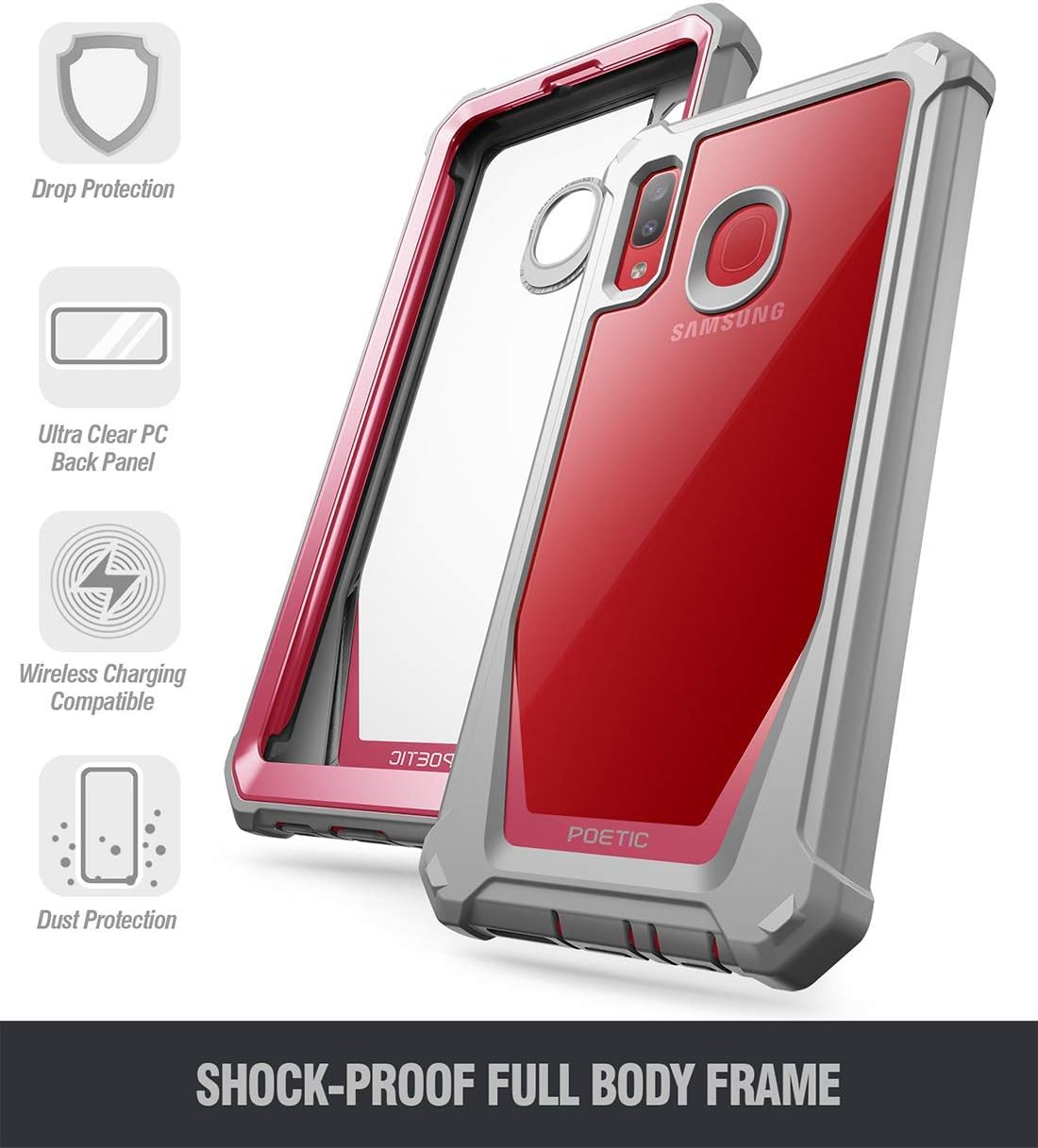 Poetic Galaxy A20 Rugged Clear Case, Galaxy A30 Case, Full-Body Hybrid Shockproof Bumper Cover, Built-in-Screen Protector, Guardian Series, Case for Samsung Galaxy A20 / Galaxy A30, Pink/Clear