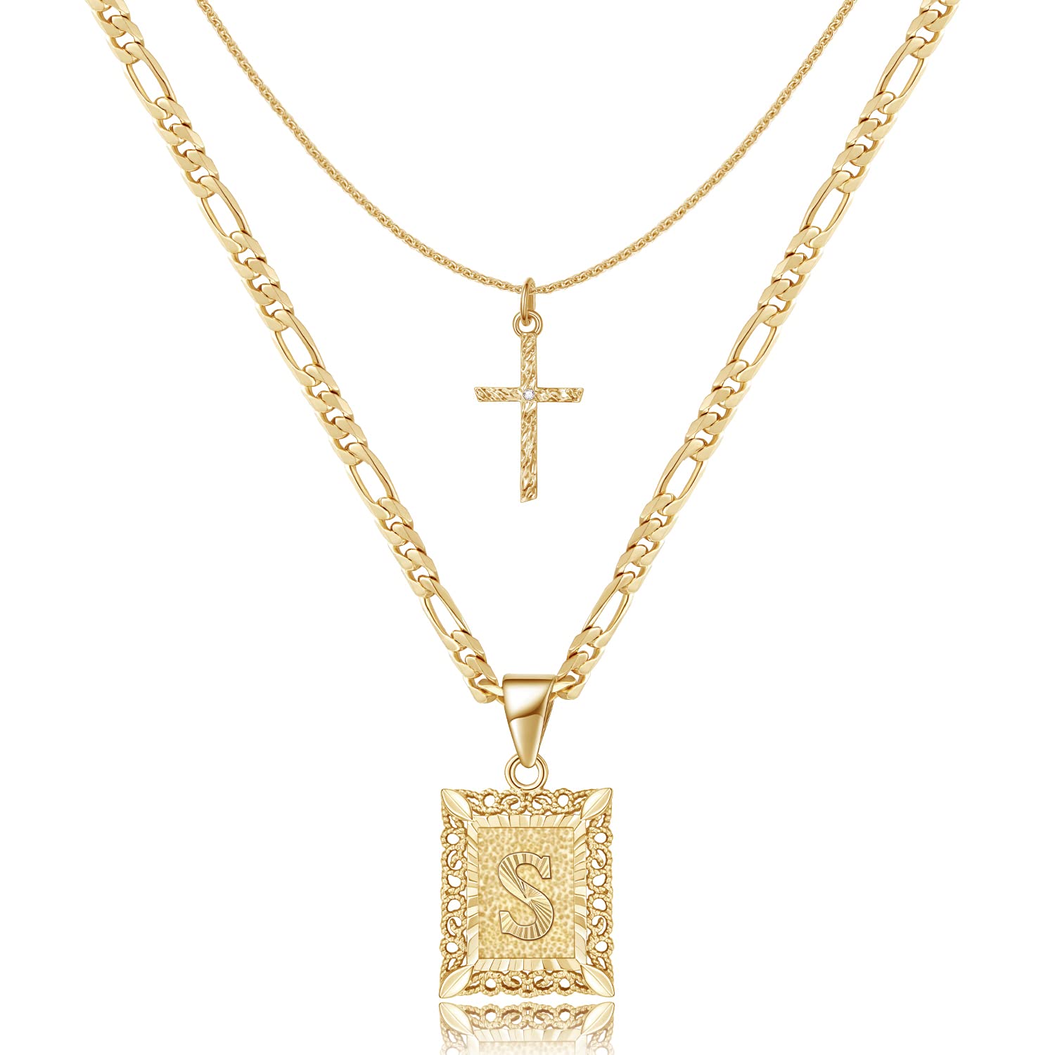 KELORIS PATH Gold Layered Initial Cross Necklace, 14K Gold Plated Layering Square Letter Pendant Figaro Chain Cross Choker from A-Z Capital Jewelry for Women Girls