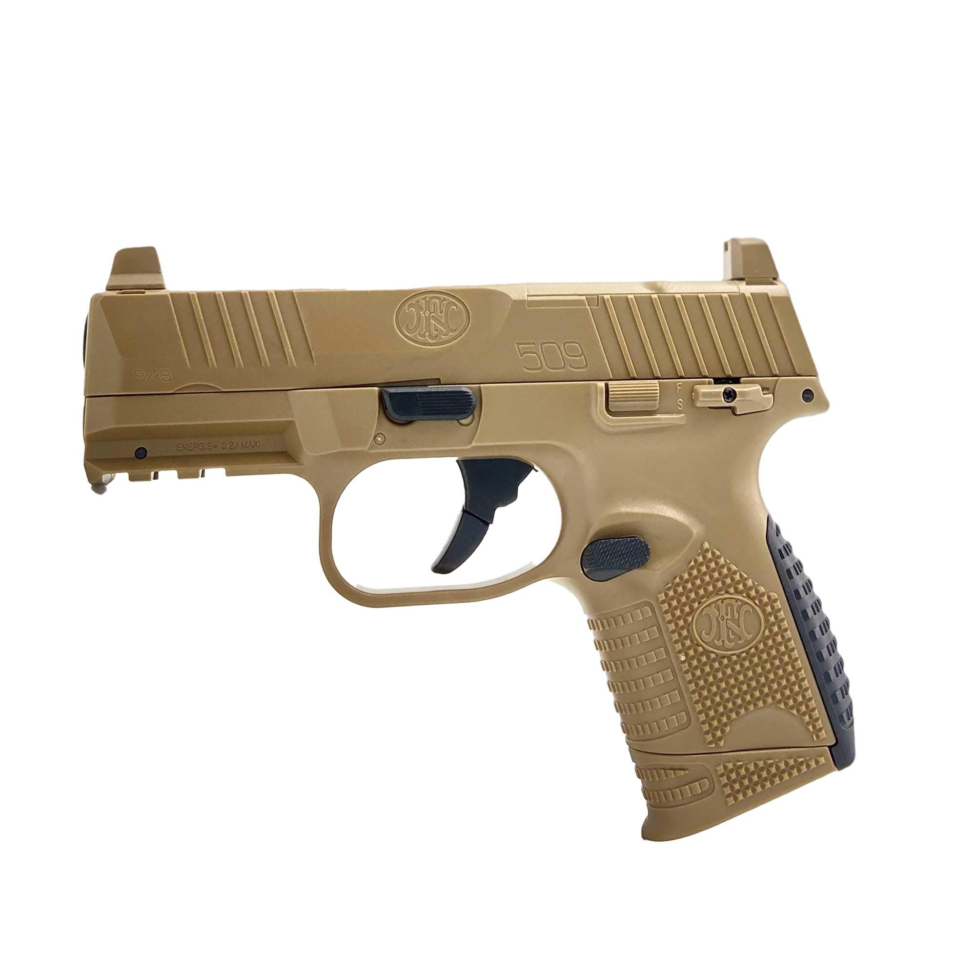 Confezione Pistola a Pallini Airsoft FN Herstal 509 Compact MRD FDE Spring/Materiale: plastica ABS/Potenza 0,2 Joule/Fornita con Accessori