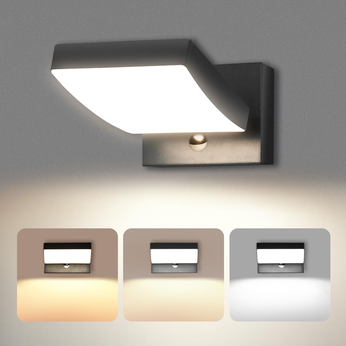 GeyouLux 24W LED Außenlampe mit Bewegungsmelder, IP65 Aussenleuchte mit Schwenkbar LED Panel, 3CCT Wandleuchte Innen/Außen, 3000LM Aluminium Aussenlampe für Garage Terrasse, Schwarz
