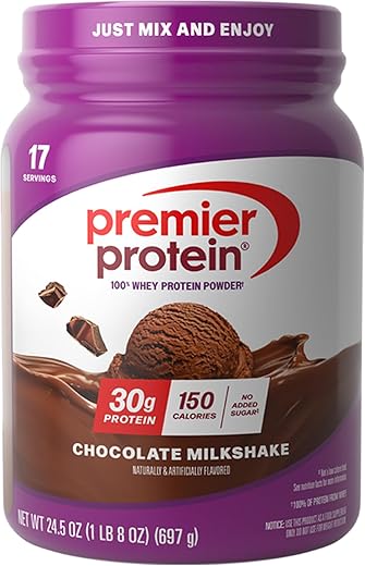 Premier Protein Powder, Chocolate Milkshake, 30g Protein, No Added Sugar, 100% Whey Protein, Keto Friendly, Soy & Gluten Free, 24.5 oz, 17 Servings (Packaging May Vary)