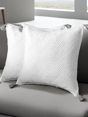 Set of 2 16x16 Soft White Boho Tasseled Throw Pillow Covers for Couch Sofa Bedroom Decor Square Cushion Case Set for Bedroom Living Room (16x16, White)