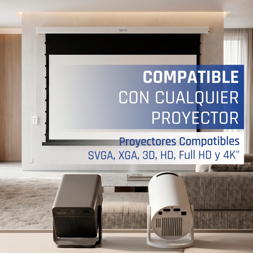 iggual Pantalla Proyección 92" Pulgadas Eléctrica Enrollable Tensionada -Panorámica 16:9 -Control de Pared y Mando Remoto Infrarrojo -Compatible hasta 8k y Cualquier Proyector(203x114 cm)