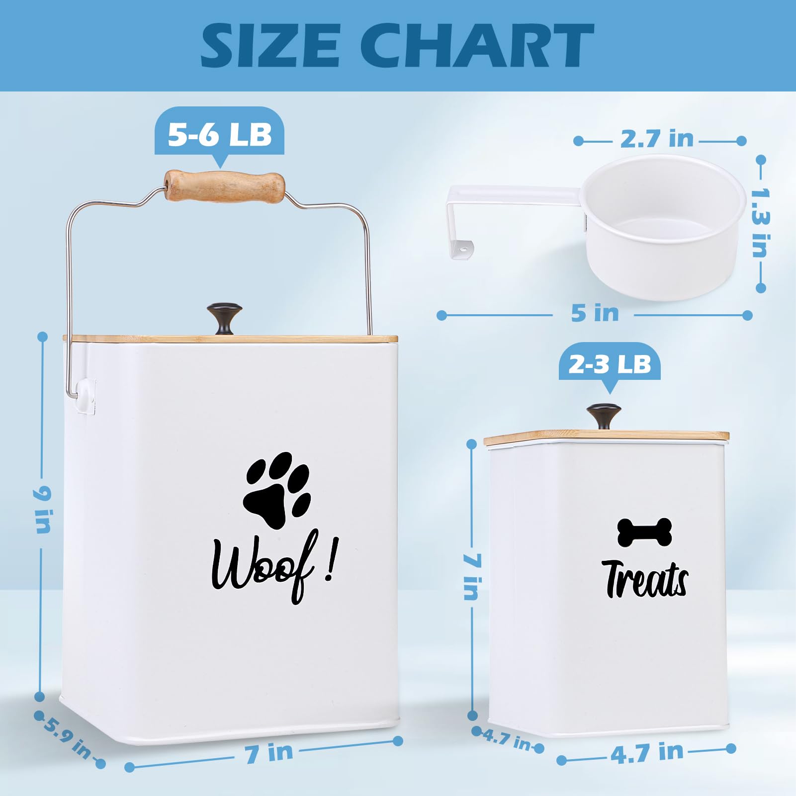 EXPAWLORER Dog Treat Container-2 Pcs Cute Airtight Dog Food Storage Containers with Wooden Lids and Scoop, Metal Decorative Dog Snacks Canisters for Kitchen Counter, Hold 7-9 lbs