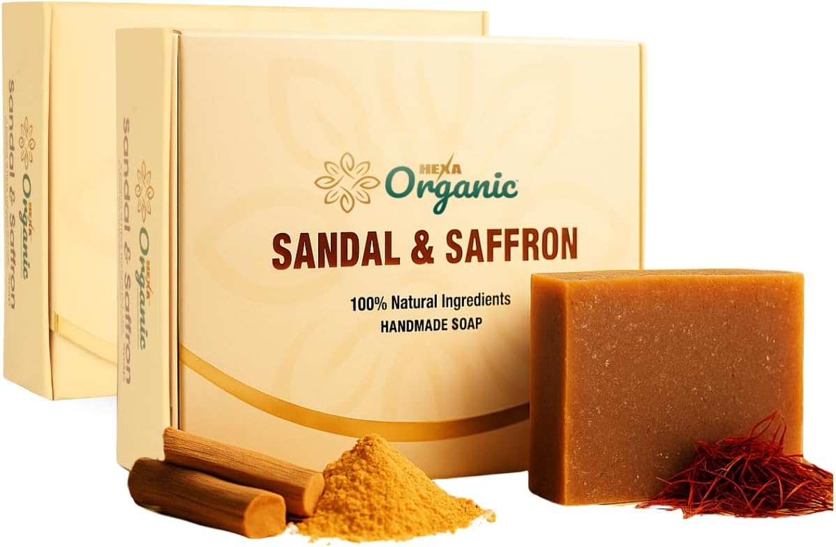 Handmade Cold Processed Soap – Sandalwood, Saffron | Brightening, Moisturizing & Anti-Ageing, Reduces Dark Spots & Hyperpigmentation | For Dry Skin | Pack of 2 | 100 gm each