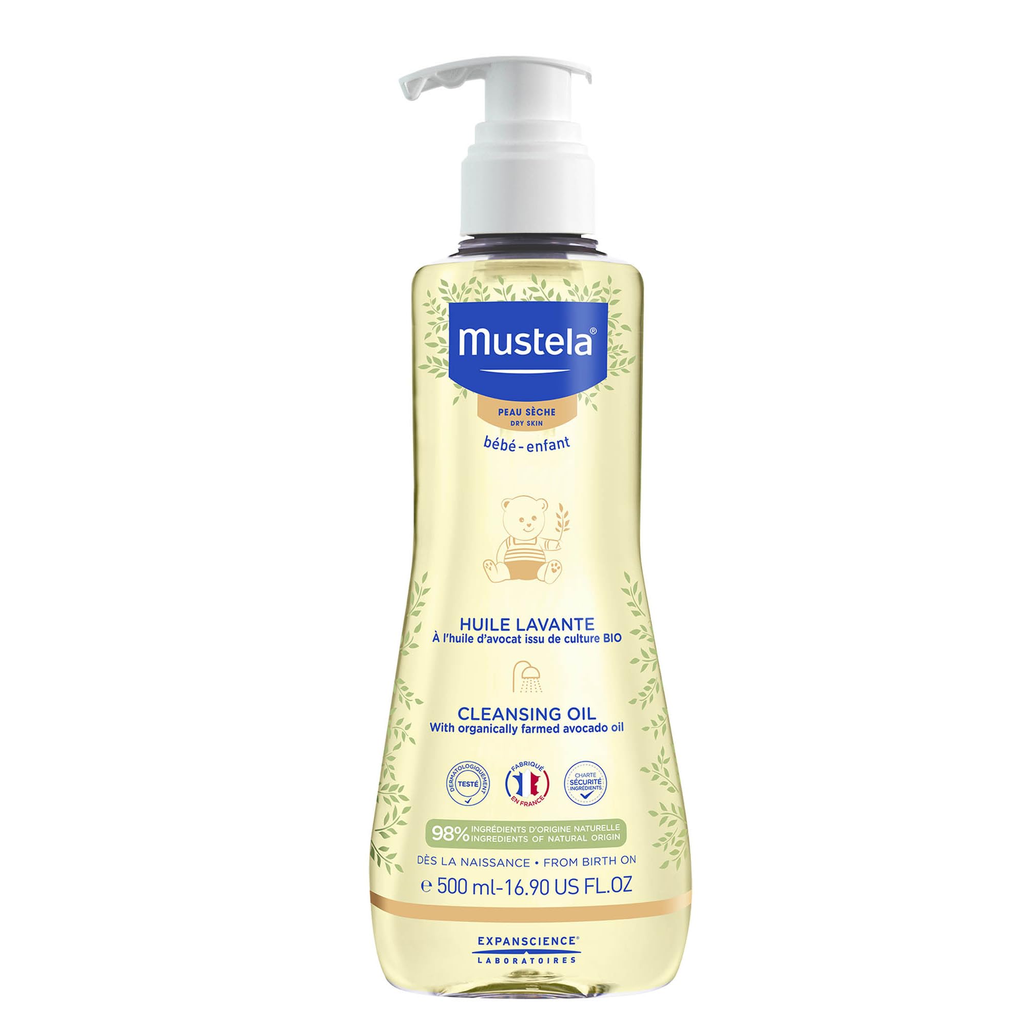 Mustela Olio Bagno Detergente con Perseose di Avocado BIO, Corpo e Capelli, Neonati e Tutta la Famiglia - Non Brucia agli Occhi, Specifico per Pelle Secca, 98% Ingredienti di Origine Naturale (500ml)