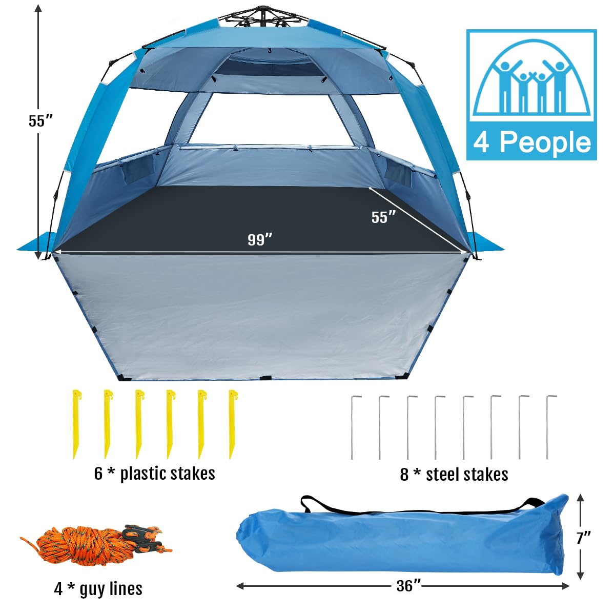 Grande Tente De Plage, Abri Pare-soleil Portable Anti-UV Pour 4 Personnes Sol Extensible Avec Fenetres En Maille Sac Piquets Et Haubans 92419479