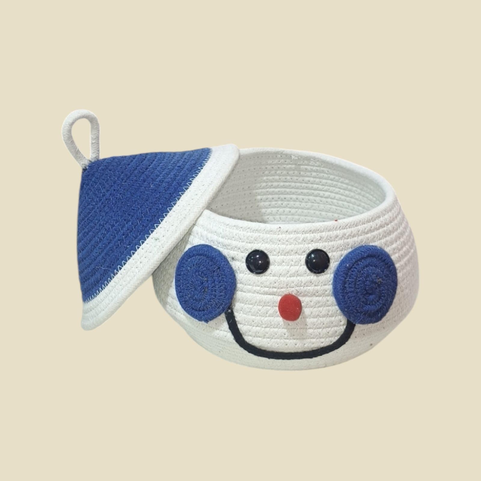KT RUGS Cute Smiley Face Cotton Storage Basket, Blue and White, Decorative Container with Handle (BLUE)