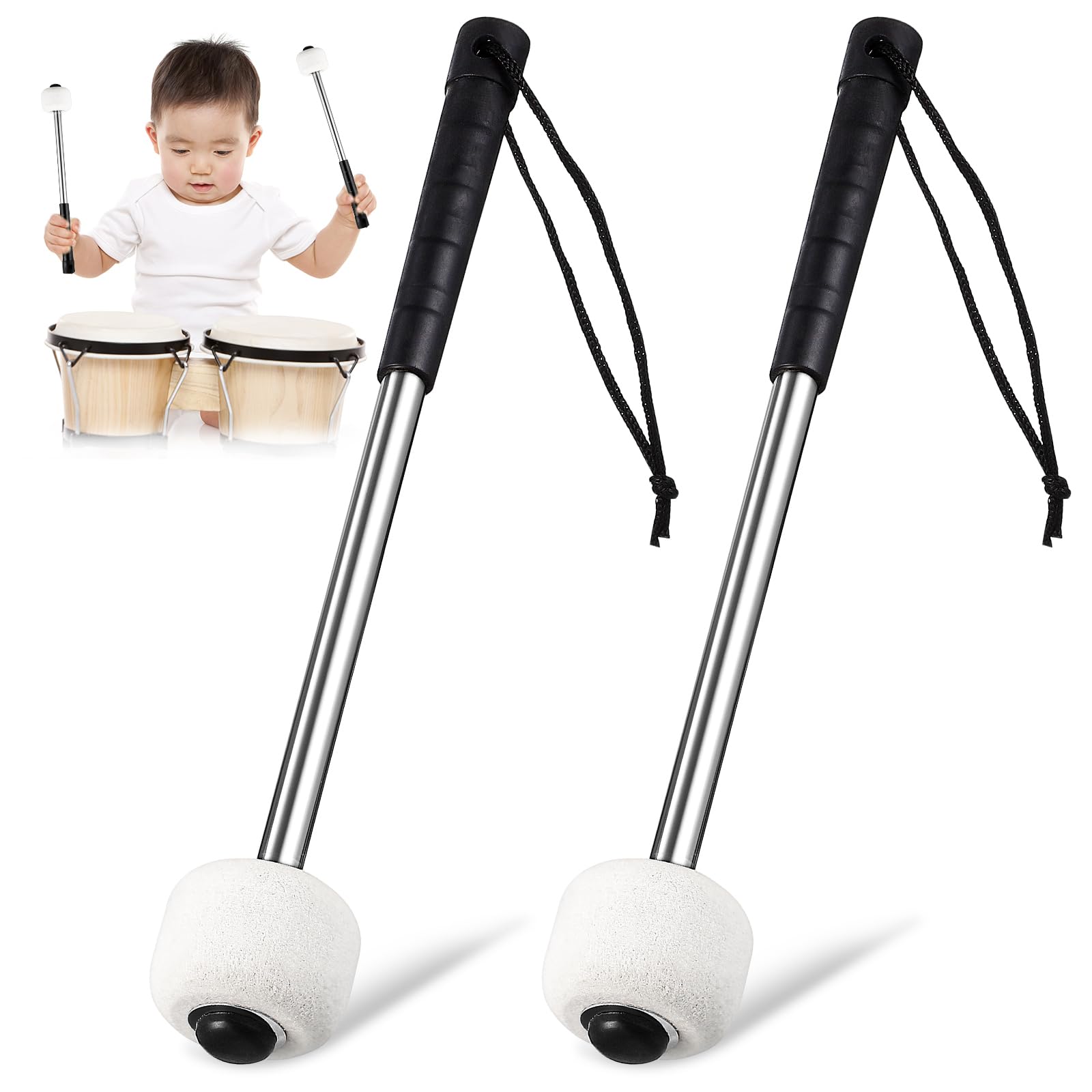 Vaguelly 2 Stück Drum Mallets Mit Filzkopf Und Edelstahlgriff Leichte Trommelstöcke Für Schüler Und Erwachsene Tragbare Percussion Schlägel Für Schlagzeug Übung Und Marschtrommel
