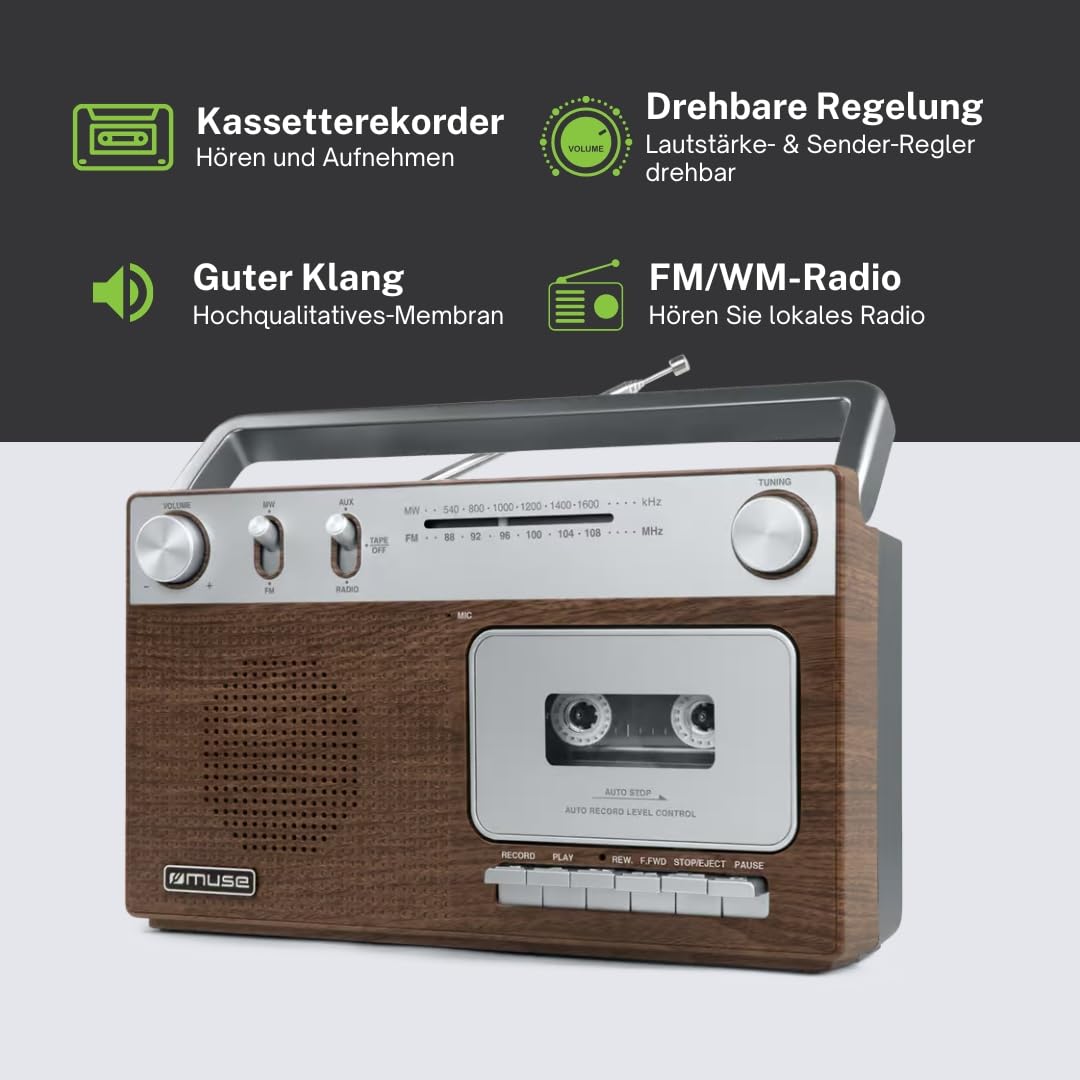 Muse M-152 RC Radio Portable avec Lecteur de Cassettes, Radio analogique FM/MW, enregistreur Cassette, Microphone intégré, entrée auxiliaire 3,5 mm, antenne télescopique, poignée de Transport