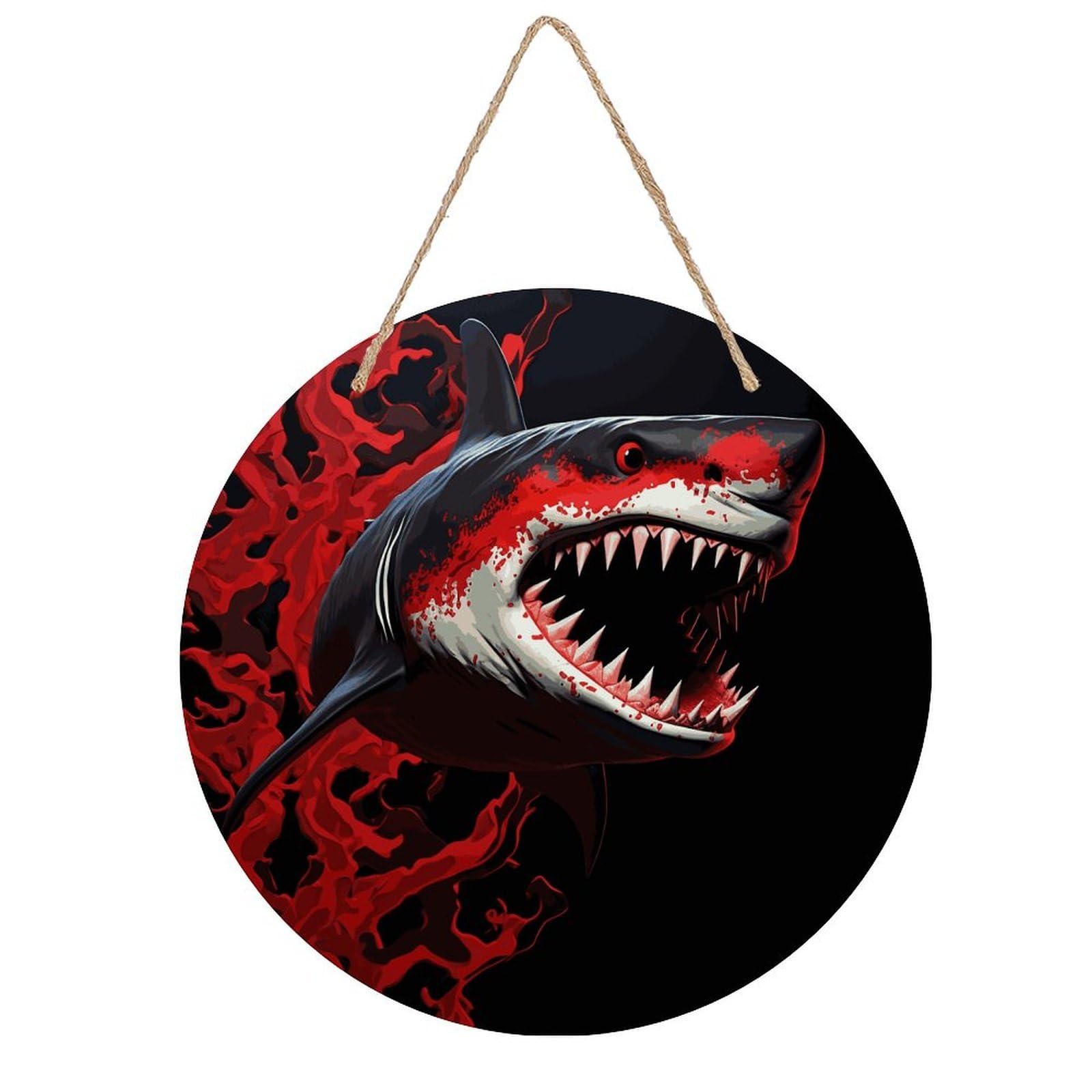 FekiLoot Red-black Shark Wall Art Decor Rustic Welcome Sign Round Wood Hanging Sign Decoration Wood Plaque Door Hanger Wooden Signs Wall Hanging Decor Housewarming Gift for Home Outdoor Indoor