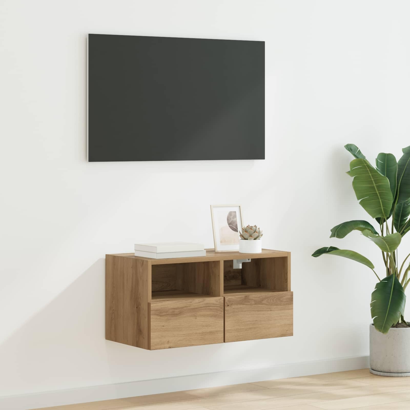 Meuble TV mural suspendu chêne artisanal contre l'encombrement du salon