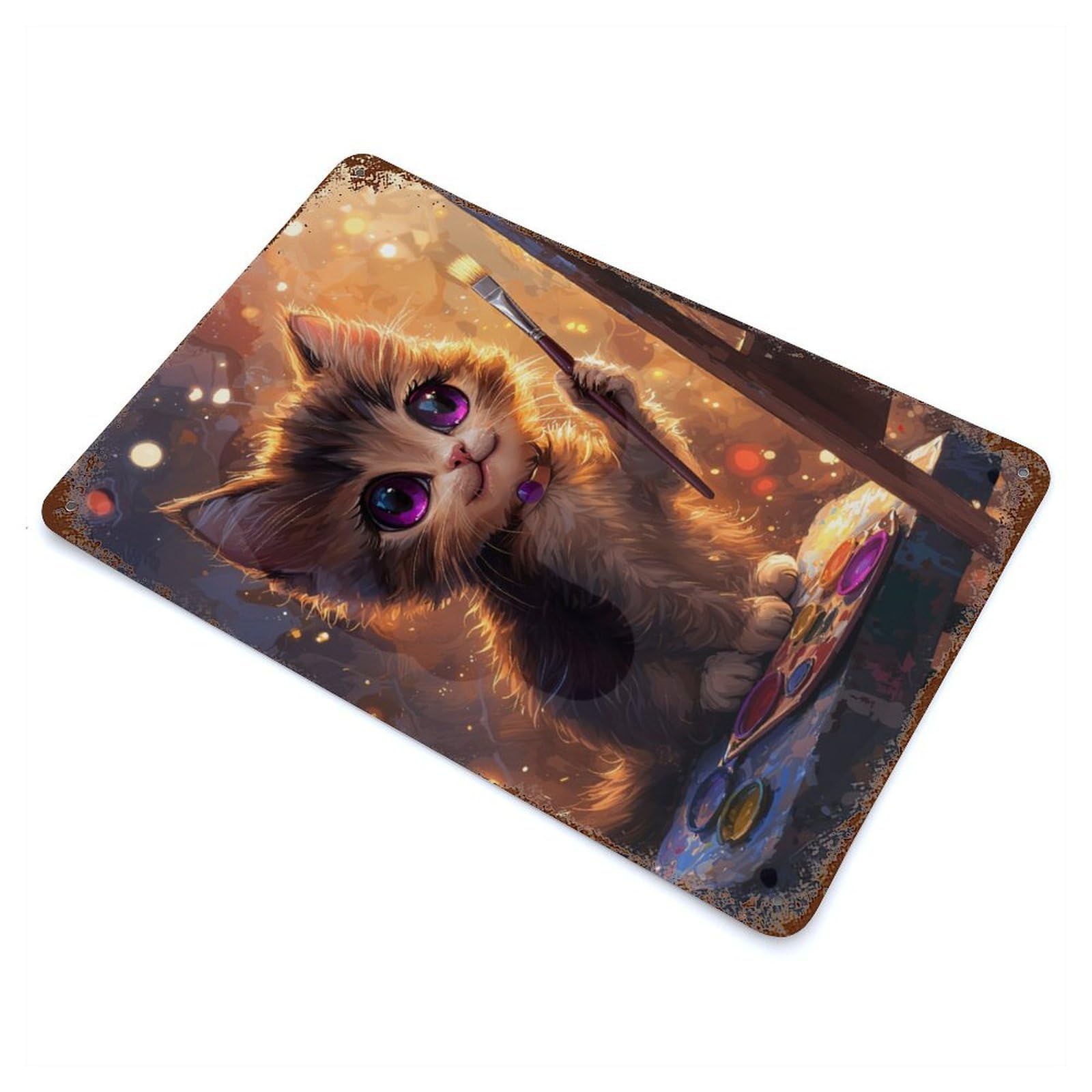 Kitten Artist Rust Effect Tin Sign 11.8"x7.9", Ideal for Cafe, Home Bar And Lounge Decor