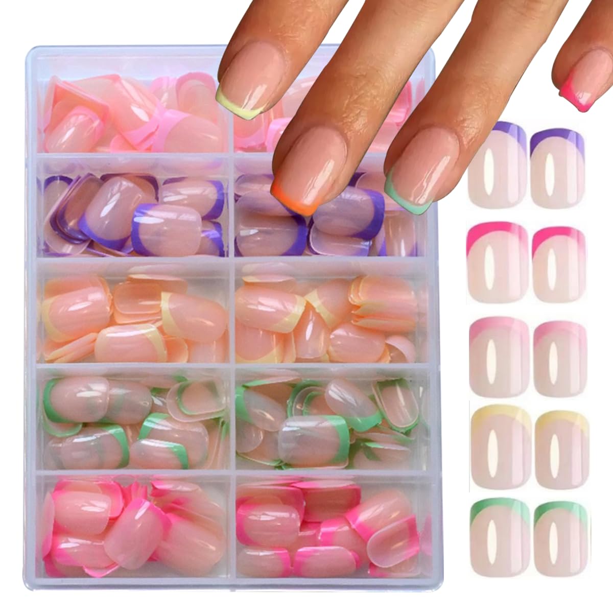 Photo 1 of 240Pcs French Tip Press On Nails Short Square Fake Nails Press Ons Set Full Cover Acrylic Glue on Nails Reusable Glossy Artificial Nail Kit False Nails for Women Girls Manicure 12 Color